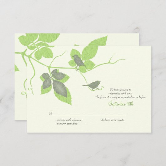 Groene Grijze Vogels en Bladeren Trouwantwoord Kaa RSVP Kaartje (Voorkant / Achterkant)