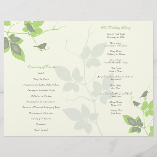 Groene grijze vogels en wijnzegenprogramma (Achterkant)