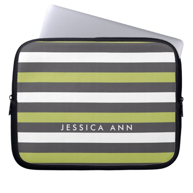Groene grijze witte stripjes laptop sleeve (Voorkant)