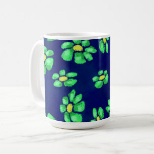 Groene grillige bloemen madeliefjes op blauwe acht koffiemok