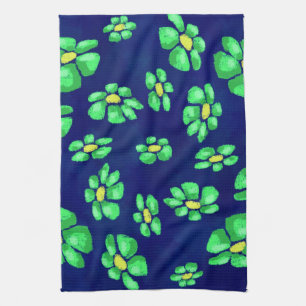 Groene grillige bloemen madeliefjes op blauwe acht theedoek
