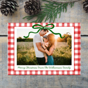 Groene grillige boog rode gingham print kerst feestdagenkaart