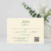Groene grillige handgeschreven bruiloft QR-code RSVP Kaartje (Staand voorkant)