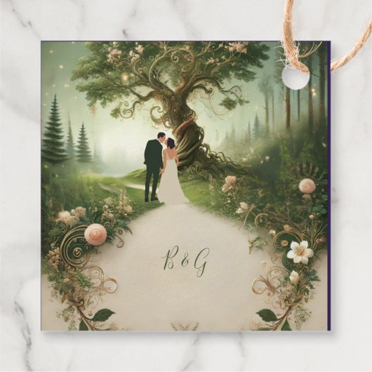 Groene grillige middeleeuwse bos bruiloft bedankjes labels (Achterkant)