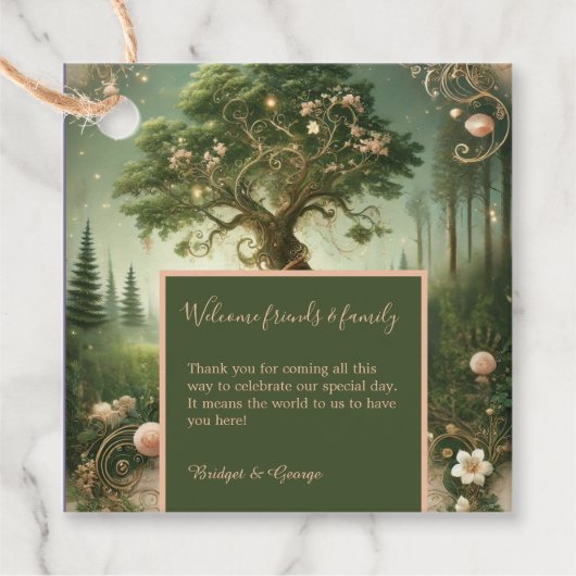 Groene grillige middeleeuwse bos bruiloft bedankjes labels (Voorkant)