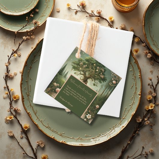 Groene grillige middeleeuwse bos bruiloft bedankjes labels