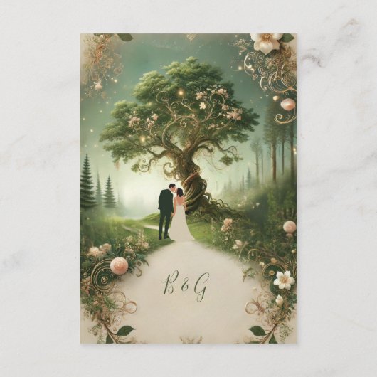 Groene grillige middeleeuwse bos bruiloft informatiekaartje (Achterkant)