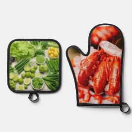 Groene groenten en kruidige rivierkreeften ovenwant & pannenlap set