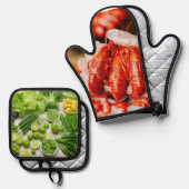 Groene groenten en kruidige rivierkreeften ovenwant & pannenlap set (Voorkant / Achterkant)