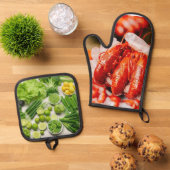 Groene groenten en kruidige rivierkreeften ovenwant & pannenlap set (Top down)