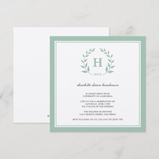 Groene grove monogram afstuderen klassenuitnodigin kaart (Voorkant / Achterkant)