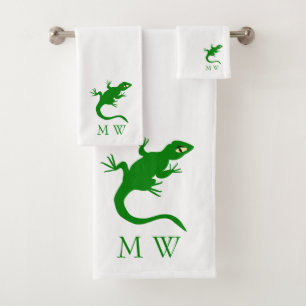 Groene Hagedis Design Met Monogram Bad Handdoek