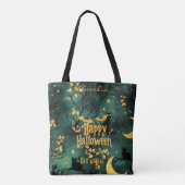Groene Halloween met zwarte katten en halve maan Tote Bag (Achterkant)