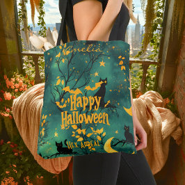 Groene Halloween met zwarte katten en halve maan Tote Bag