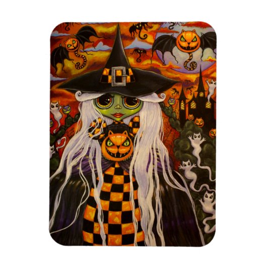 Groene Halloween Witch Girl Cat Pumpkins, Ghosts Magneet (Verticaal)