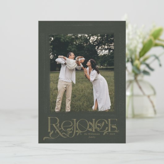 Groene Hand Geletterd "Verheug" Vakantie Fotokaart Feestdagenkaart (Staand voorkant)