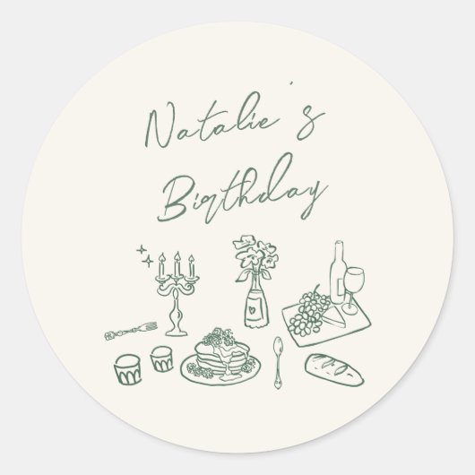Groene Hand Geschreven Getekend Servies Verjaardag Ronde Sticker (Voorkant)