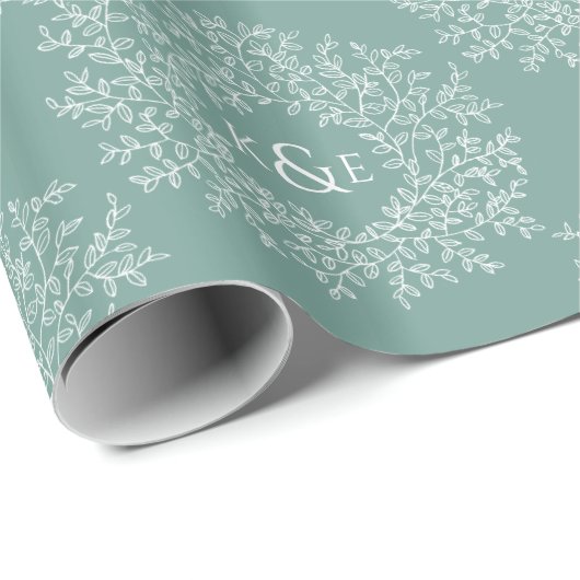 Groene hand getrokken blad monogram art cirkels cadeaupapier (Rol Hoek)