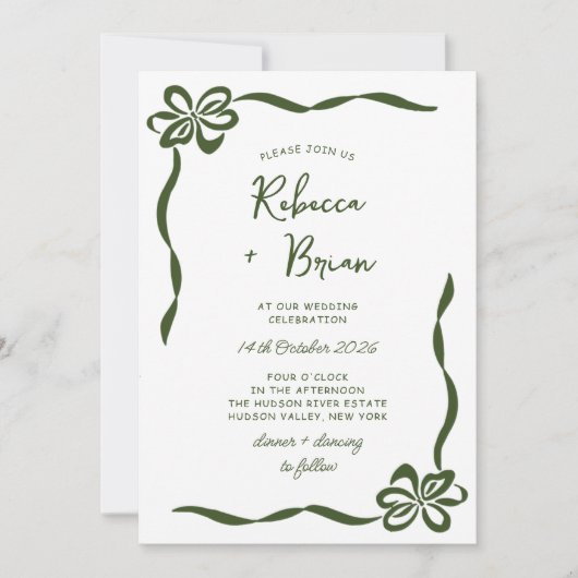 Groene Hand Getrokken Boog Lint Sketch Wedding Kaart (Voorkant)