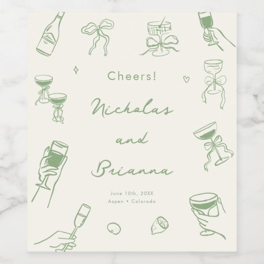 Groene Hand Getrokken bruiloft Wijn Etiket (Enkel label)