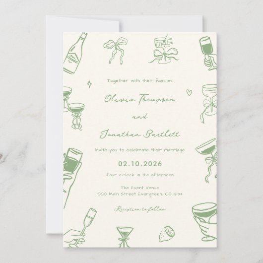 Groene Hand Getrokken Eigenzinnige Huwelijk Kaart (Voorkant)