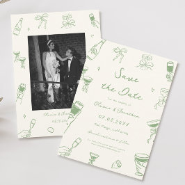 Groene Hand Getrokken Huwelijk Save the Date Foto Kaart