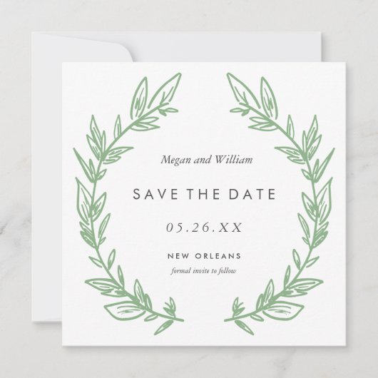 Groene Hand getrokken krans bewaar de datum Kaart (Voorkant)