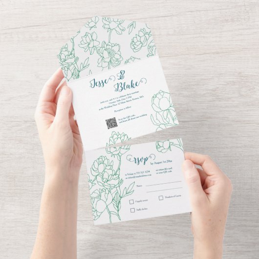 Groene Hand Getrokken Peony Bloemen Wedding All In One Uitnodiging (Afscheurbaar)