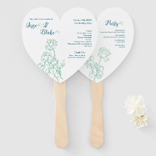 Groene Hand Getrokken Peony Bloemen Wedding Handwaaier (Voorkant en achterkant)