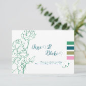 Groene Hand Getrokken Peony Bloemen Wedding Informatiekaartje (Staand voorkant)