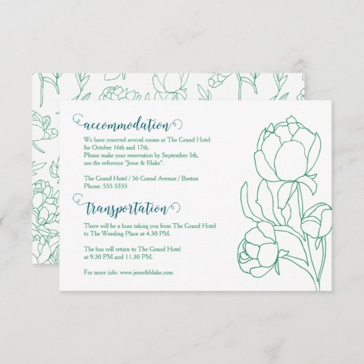 Groene Hand Getrokken Peony Bloemen Wedding Informatiekaartje (Voorkant / Achterkant)