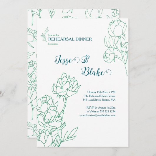 Groene Hand Getrokken Peony Bloemen Wedding Kaart (Voorkant / Achterkant)