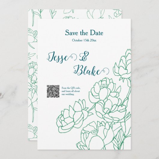 Groene Hand Getrokken Peony Bloemen Wedding Kaart (Voorkant / Achterkant)