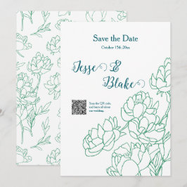 Groene Hand Getrokken Peony Bloemen Wedding Kaart