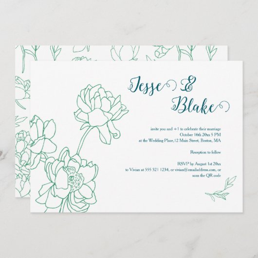 Groene Hand Getrokken Peony Bloemen Wedding Kaart (Voorkant / Achterkant)