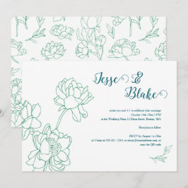 Groene Hand Getrokken Peony Bloemen Wedding Kaart