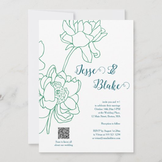 Groene Hand Getrokken Peony Bloemen Wedding Kaart (Voorkant)