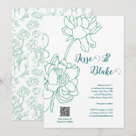 Groene Hand Getrokken Peony Bloemen Wedding Kaart