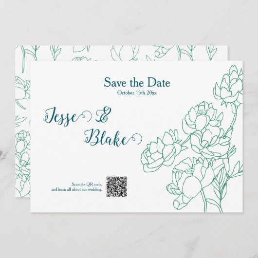 Groene Hand Getrokken Peony Bloemen Wedding Kaart (Voorkant / Achterkant)