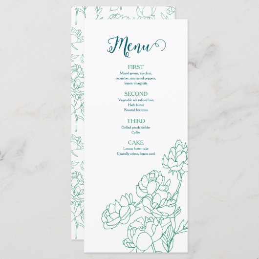 Groene Hand Getrokken Peony Bloemen Wedding Menu (Voorkant / Achterkant)