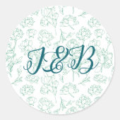 Groene Hand Getrokken Peony Bloemen Wedding Ronde Sticker (Voorkant)