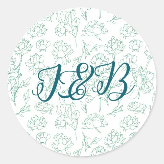 Groene Hand Getrokken Peony Bloemen Wedding Ronde Sticker (Voorkant)