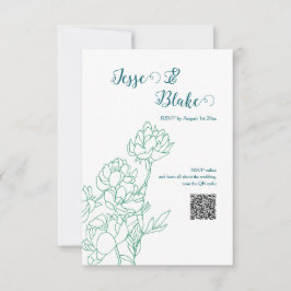 Groene Hand Getrokken Peony Bloemen Wedding RSVP Kaartje