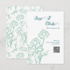 Groene Hand Getrokken Peony Bloemen Wedding RSVP Kaartje