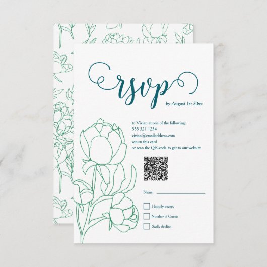 Groene Hand Getrokken Peony Bloemen Wedding RSVP Kaartje (Voorkant / Achterkant)