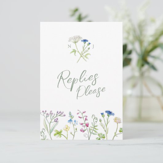 Groene hand wildflower waterverf RSVP bruiloft (Staand voorkant)