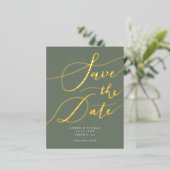 Groene handgeschreven kalligrafie sparen de Datum Folie Uitnodiging Briefkaart (Staand Voorkant)