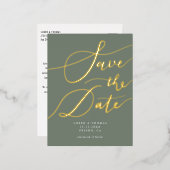 Groene handgeschreven kalligrafie sparen de Datum Folie Uitnodiging Briefkaart (Voorkant / Achterkant)
