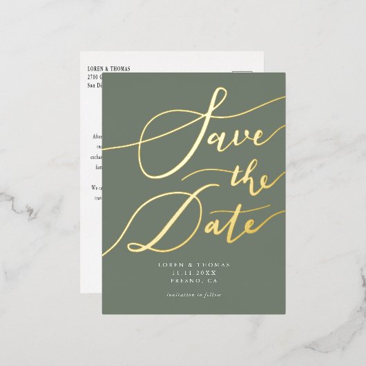 Groene handgeschreven kalligrafie sparen de Datum Folie Uitnodiging Briefkaart (Voorkant / Achterkant)