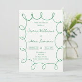 Groene handgeschreven pinstripes grillige bruiloft kaart (Staand voorkant)